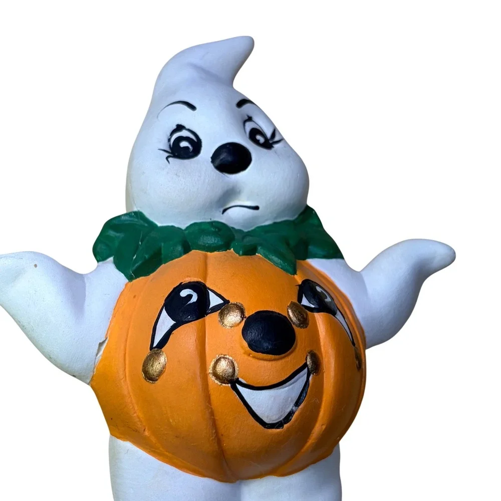 Vtg Ceramic Ghost Holding Pumpkin Figurine Halloween Jack O Lantern Sad Face